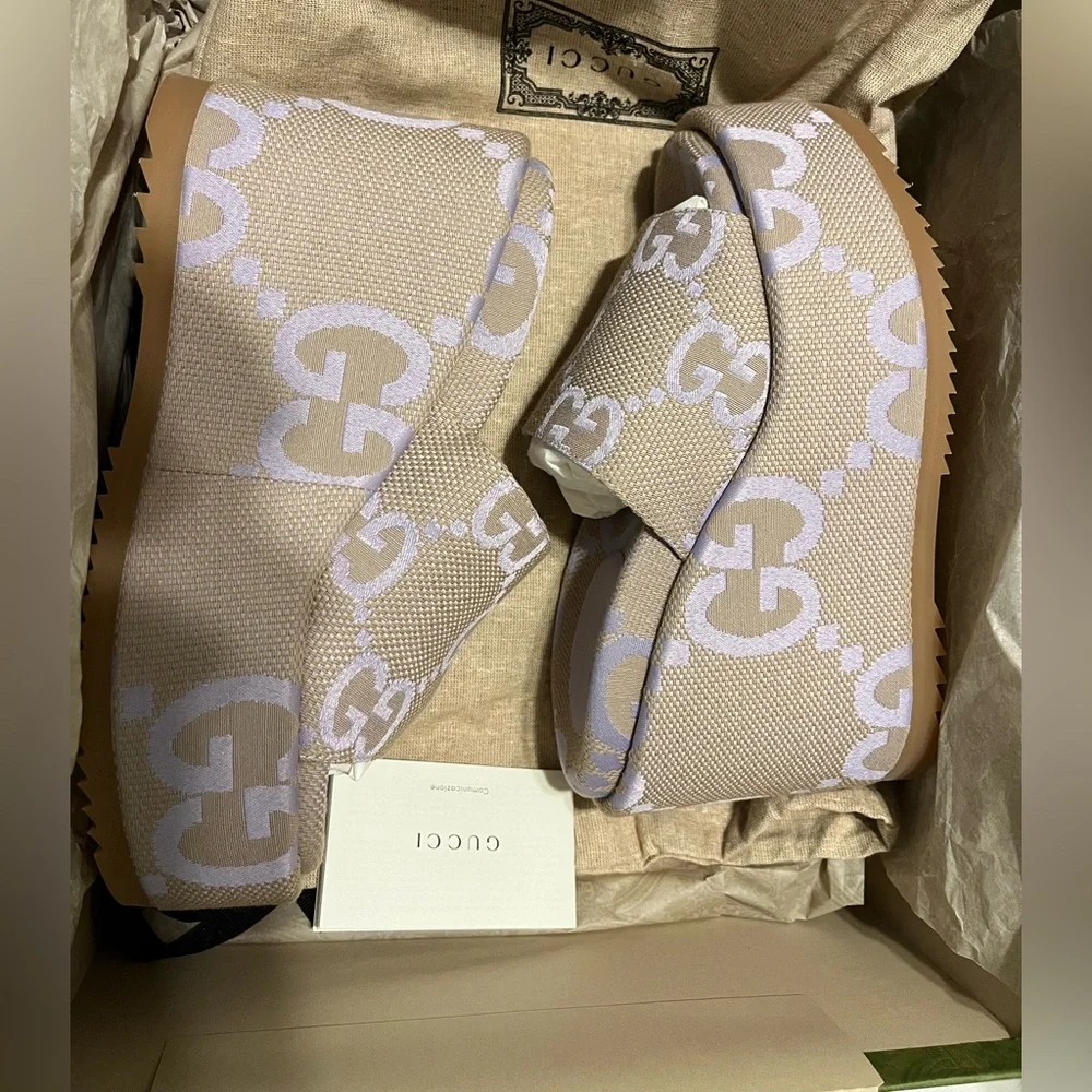 Gucci Beige and White GG Canvas Platform Slide Sandal